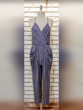 BCBGeneration Navy and White Striped Spaghetti-Strap Jumpsuit